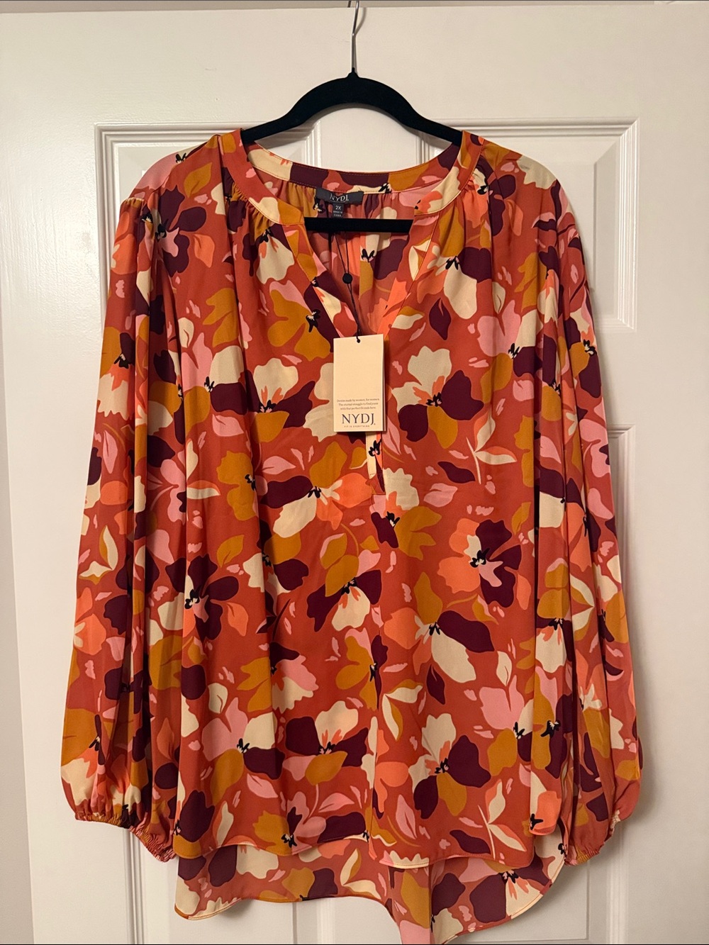 NYDJ Floral Split-Neck Blouse in Rust Multi-Tone